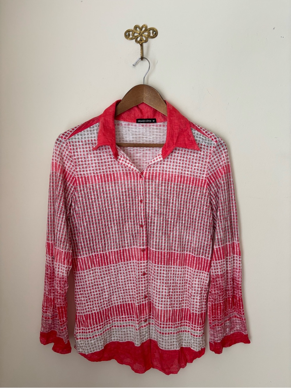 David Cline Coral Crushed Geometric Print Snap Front Shirt Medium